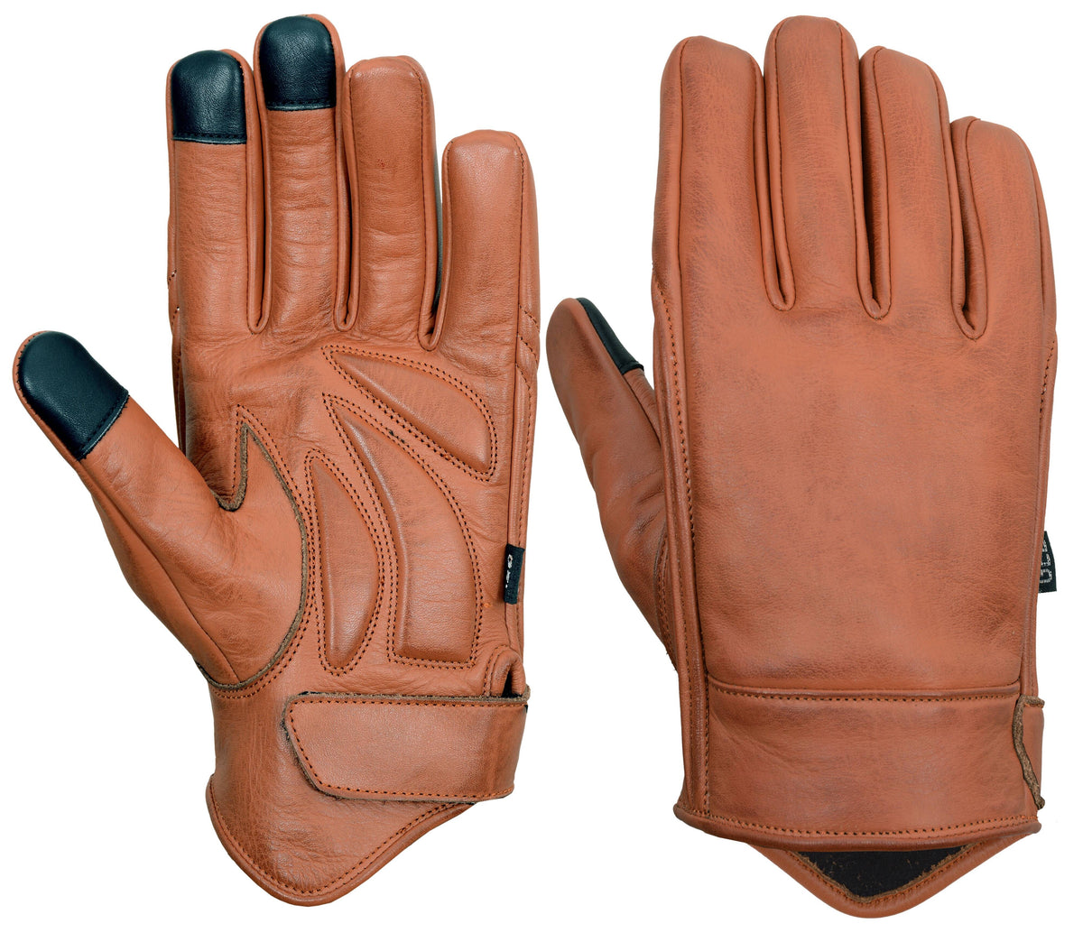 Men’s Premium Brown Leather Motorcycle Gloves, Riding Gloves w/ Gel Palm Padding & Touchscreen Fingertips - Front and Back