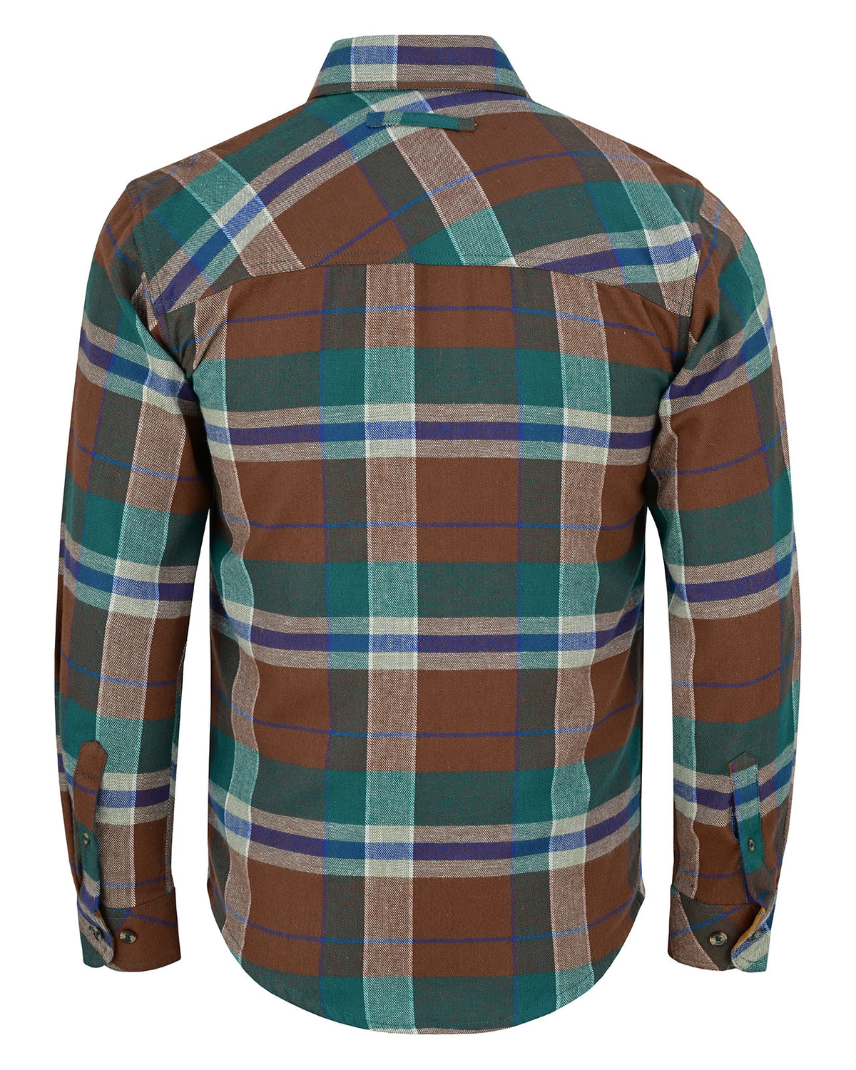 Back view of Smoky Mountain plaid flannel shirt showing diagonal plaid shoulder yoke and curved hem