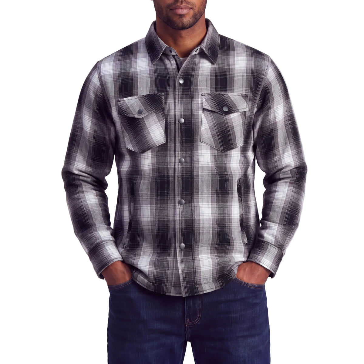 Model wearing the men’s Timberwolf charcoal plaid armored flannel motorcycle shirt, front view with snap chest pockets.