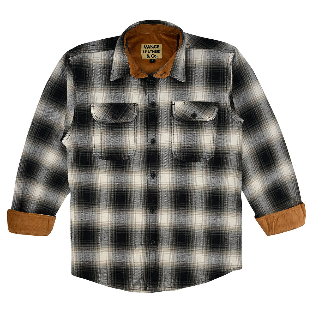  Men's Timberwolf charcoal and ivory plaid flannel laid flat with cuffs turned back to reveal tan corduroy lining.