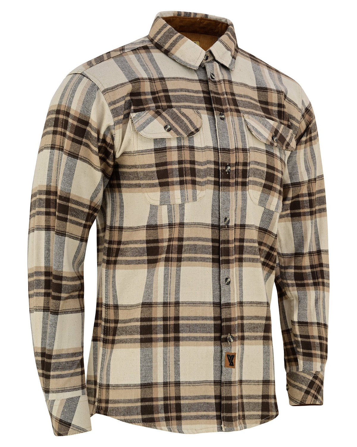 Mens Coffee & Cream Long Sleeve Plaid Button Down Casual Flannel Shirt - Side Pose