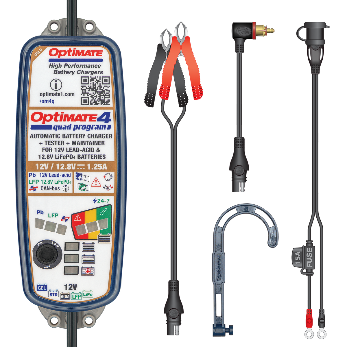 Tecmate OptiMate 4 Quad Program Premium Edition 12V/ 12.8V 1.25A charger & maintainer