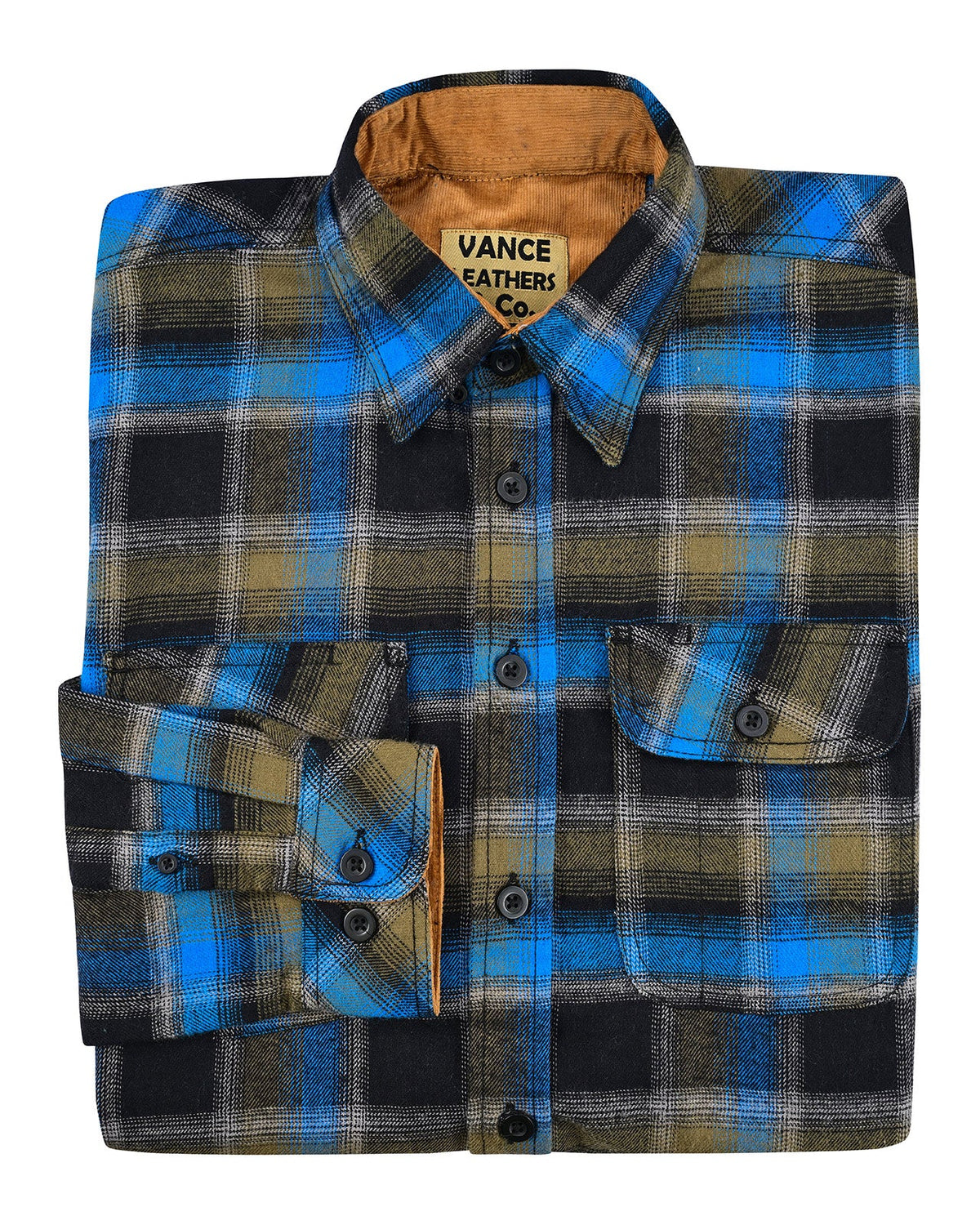 Folded Plaid River men's plaid flannel shirt showing tan corduroy collar lining, buttoned cuff and chest pocket.