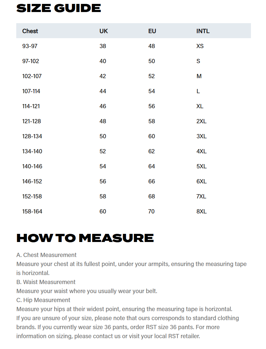 RST Moto Men's F4 D3O Textile Motorcycle Jacket - size chart