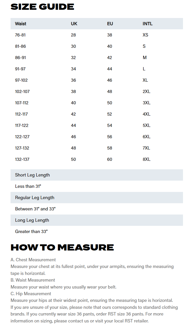 RST Moto Men's Tractech Evo D3O Leather Motorcycle Pants - Size Chart