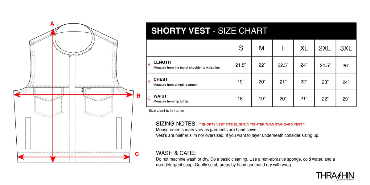 Thrashin Supply Men's Encinal Leather Shorty Motorcycle Riding Vest - Size chart