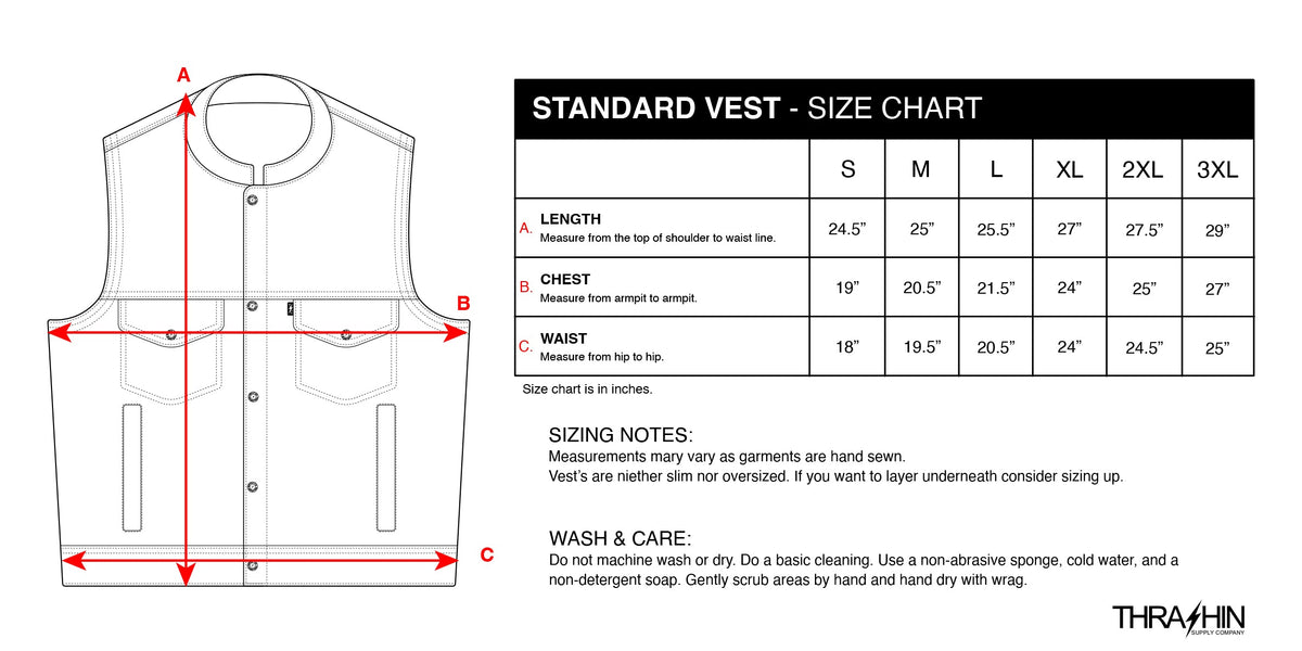 Thrashin Supply Men's Kanan Leather/Denim Motorcycle Riding Vest - Size chart