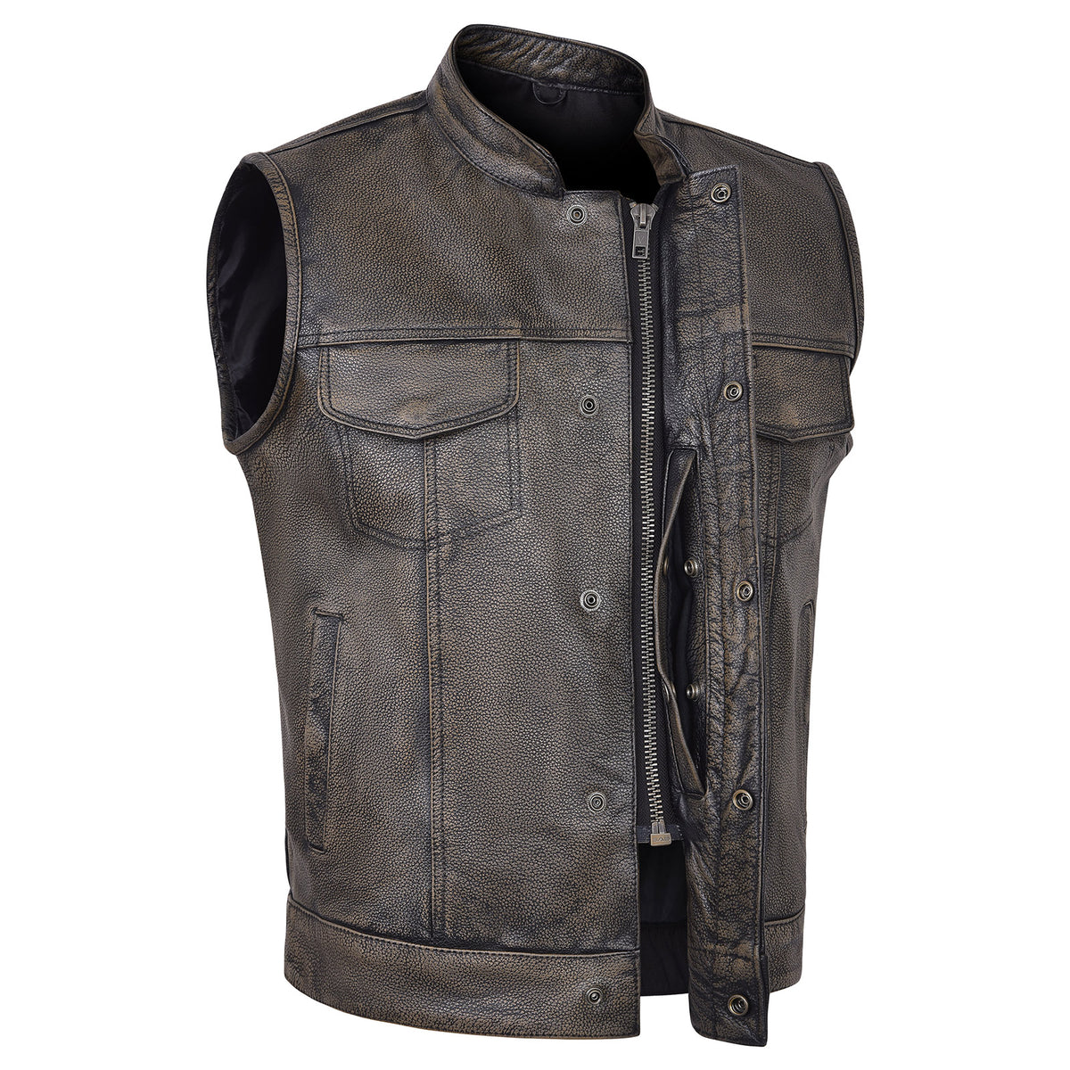 High Mileage Mens Premium Cowhide Distressed Brown SOA Style Biker Club Leather Motorcycle Vest