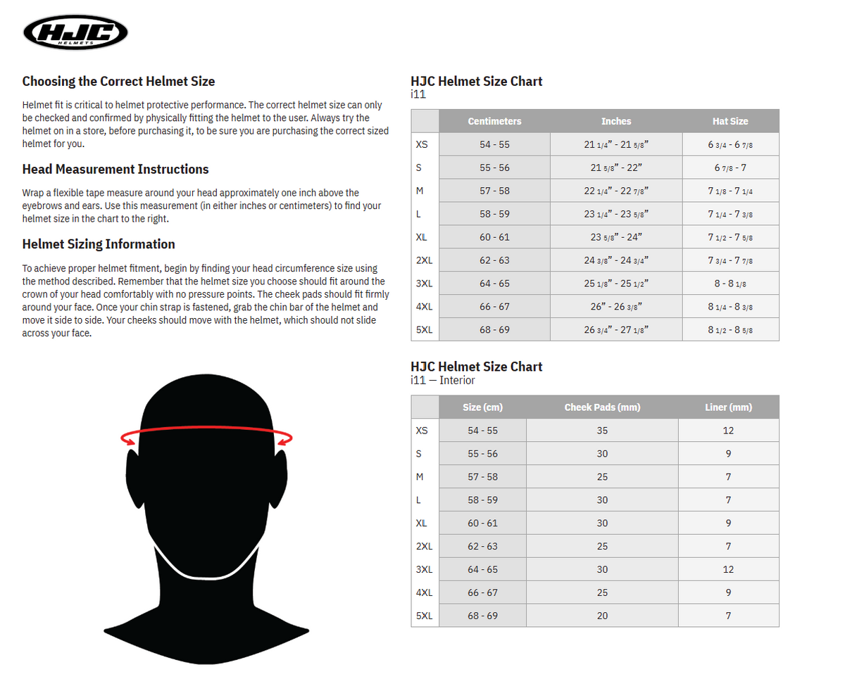 HJC i11 Instant Full Face Motorcycle Helmet - Size & Fit Chart
