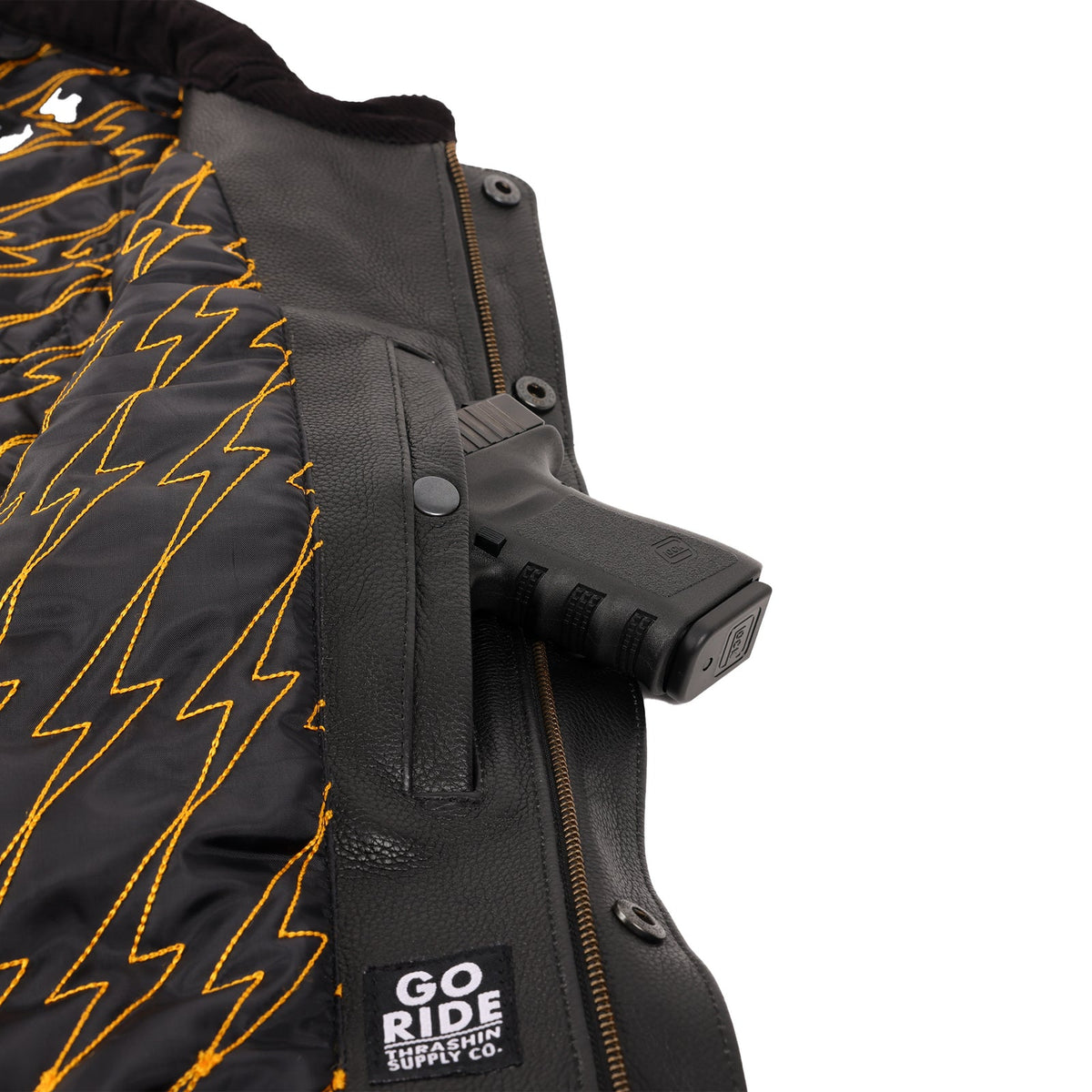 Thrashin Supply Men's Mulholland Leather Motorcycle Riding Vest - Inner Pocket