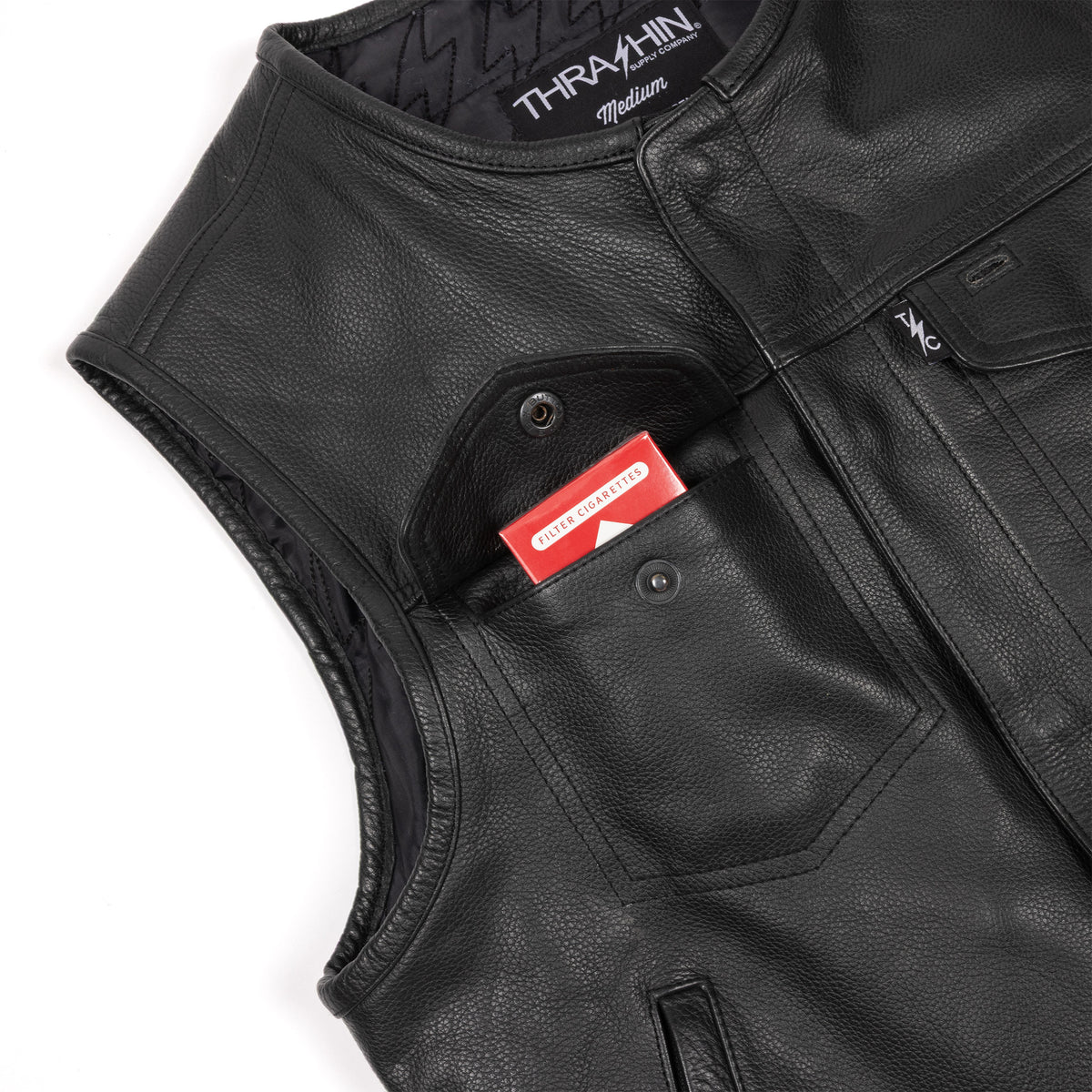 Thrashin Supply Men's Encinal Leather Shorty Motorcycle Riding Vest - Front Pocket