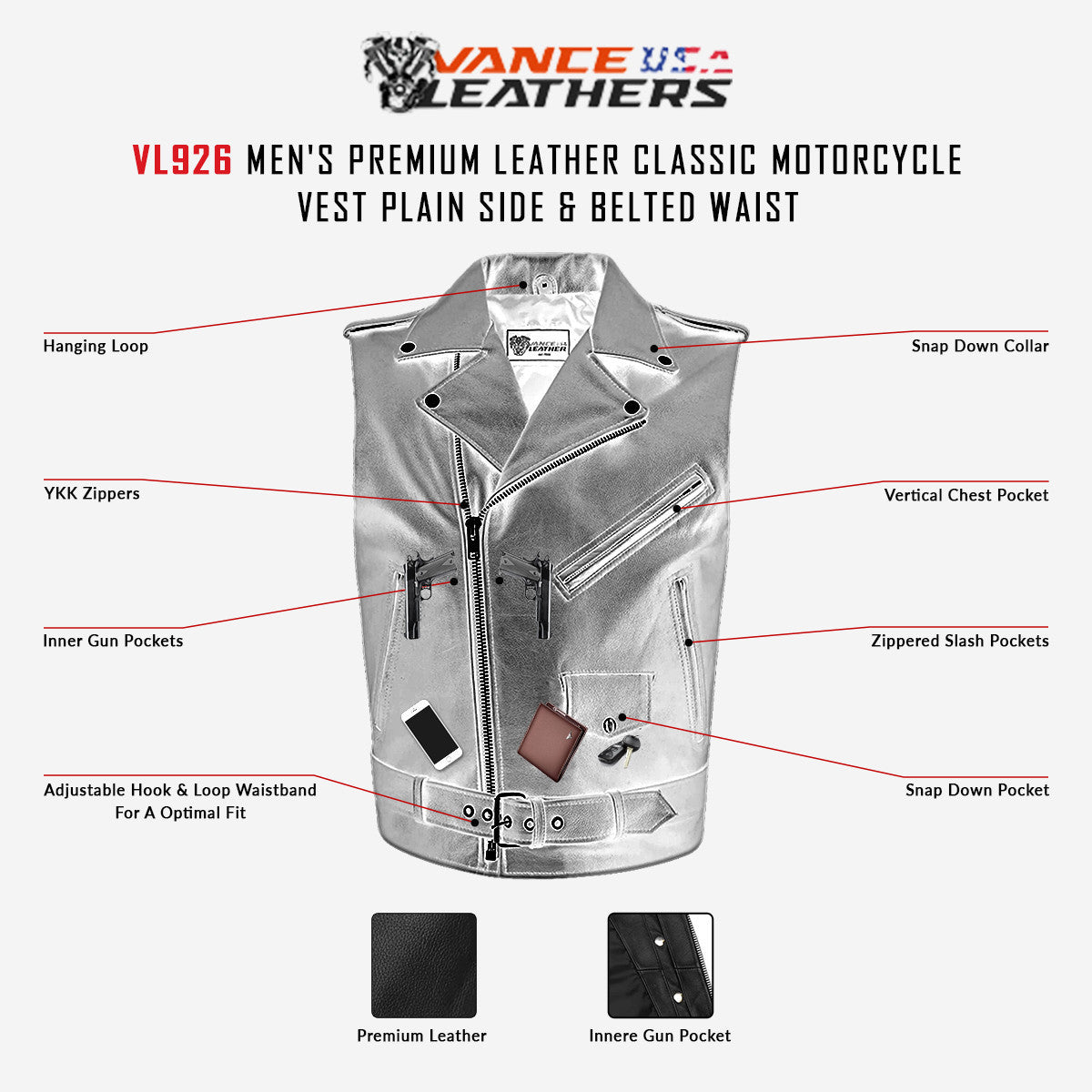 VL926-infographics-descriptiona1.jpg VL926 Men's Premium Naked Leather Classic Motorcycle Vest Plain Side & Belted Waist infographic