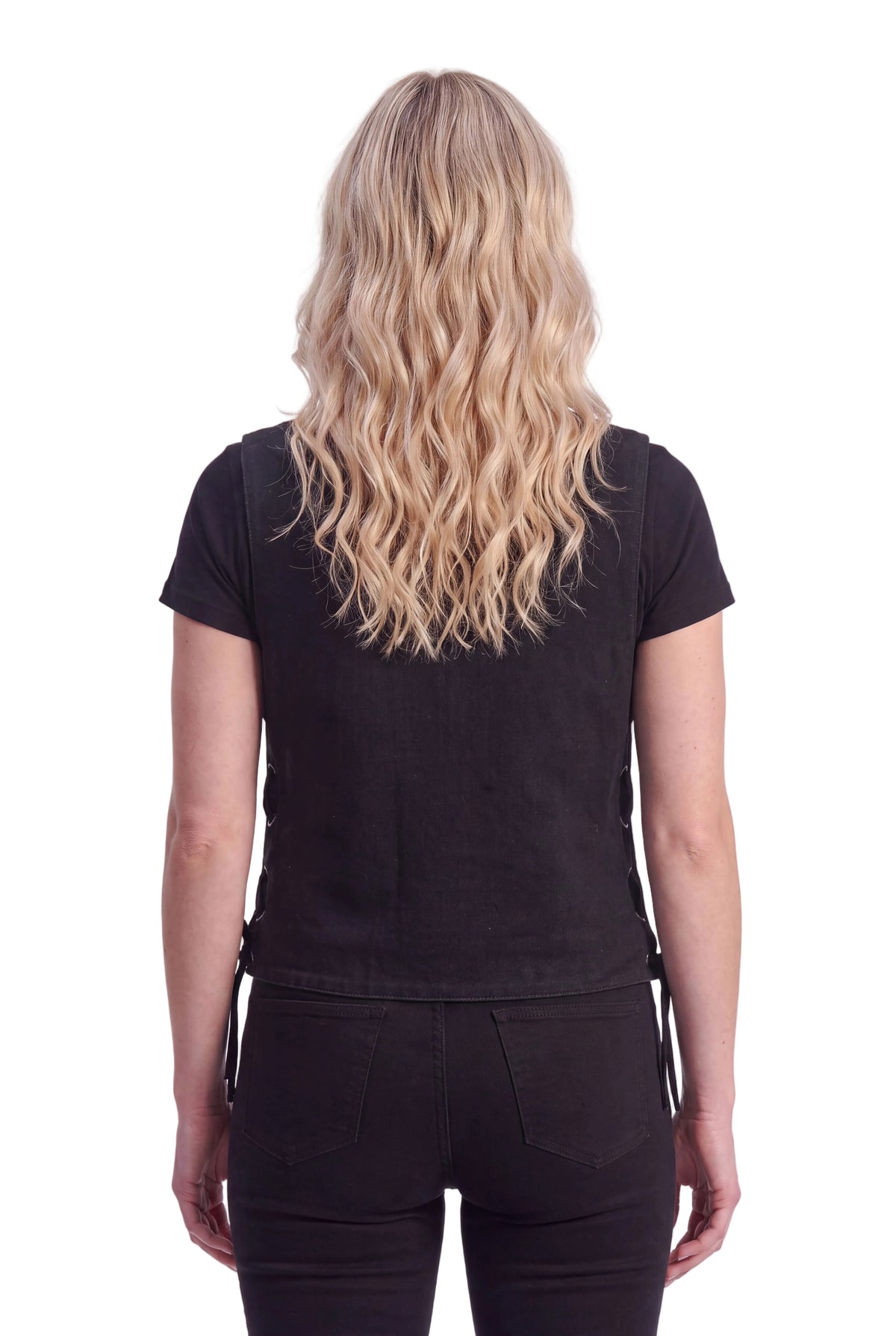 Womens Black Denim V Neck with Snap Opening & Side Laces Motorcycle Vest - back pose