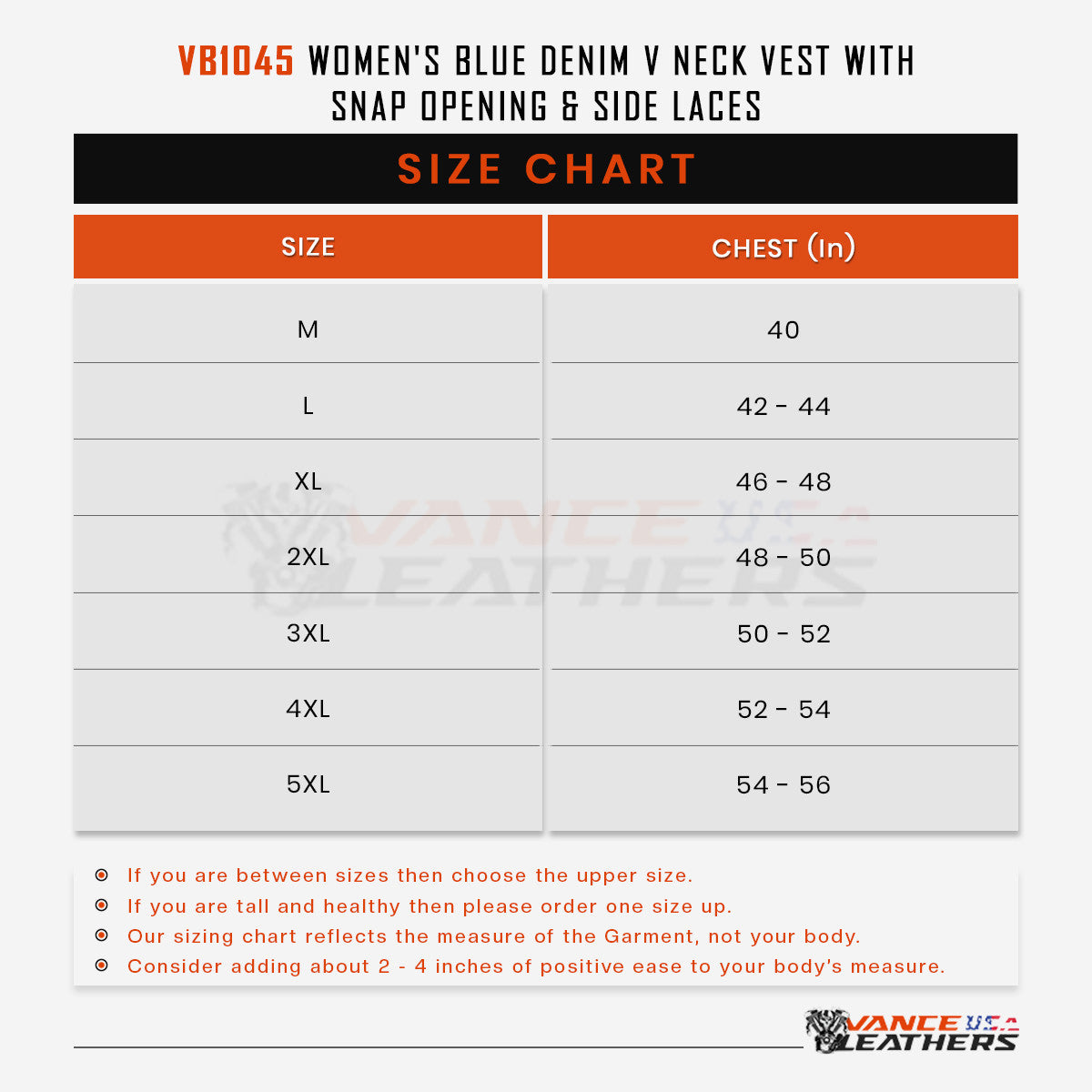 VB1045-infographics-descriptiona1.jpg VB1045 Women's Blue Denim V Neck Vest with Snap opening & side laces Sizechart