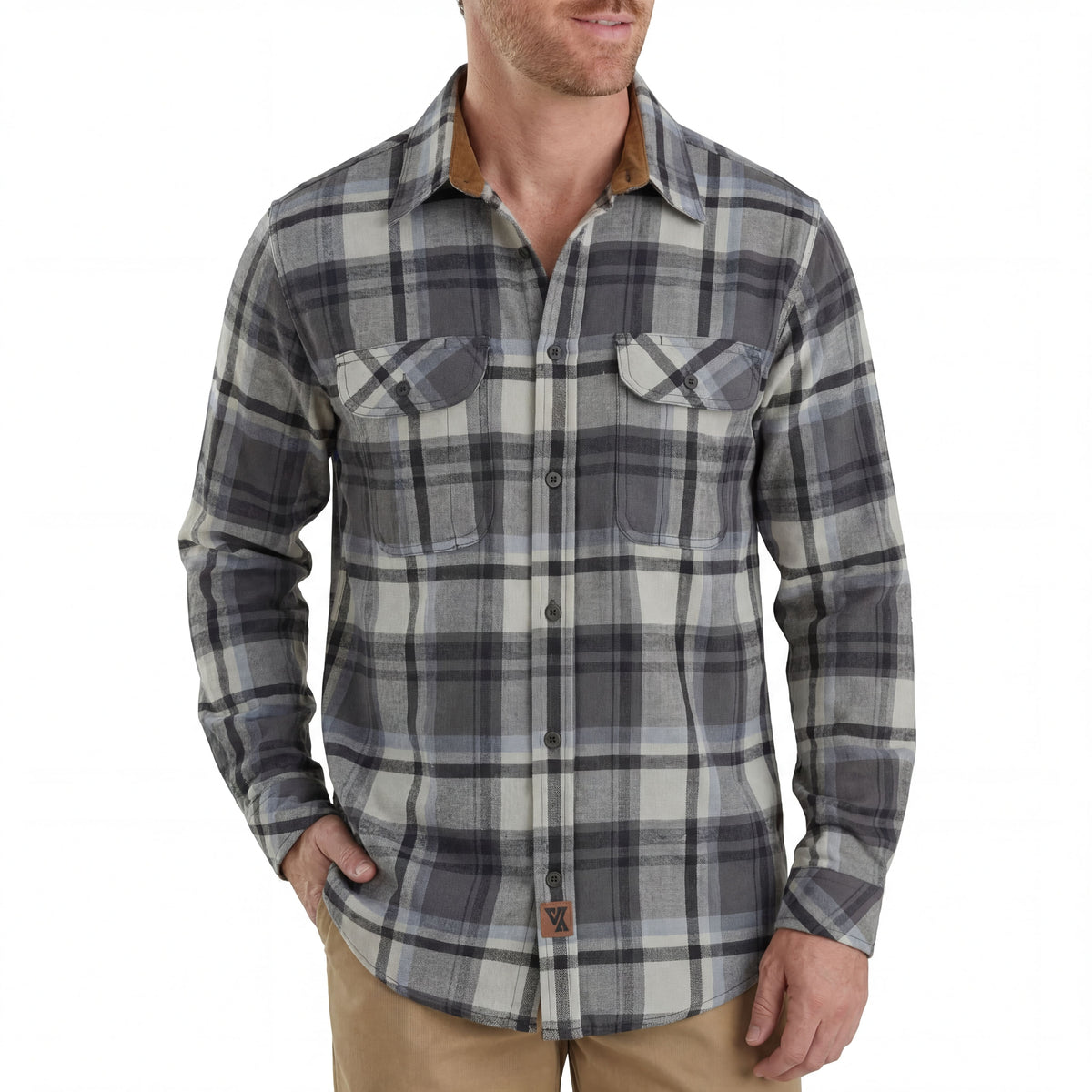Men's Charcoal Checkered Long Sleeve Plaid Button Down Casual Flannel Shirt, Corduroy Collar & Cuffs - lifestyle image