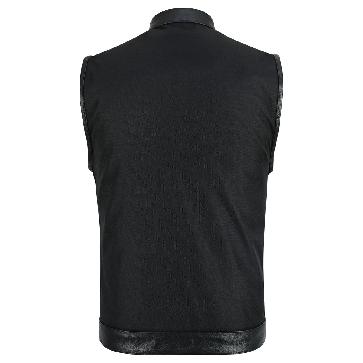 Vance Textile Mens Black SOA Club Style Leather Trimmed Textile Motorcycle Vest w/ Front Zipper and Snap Closure