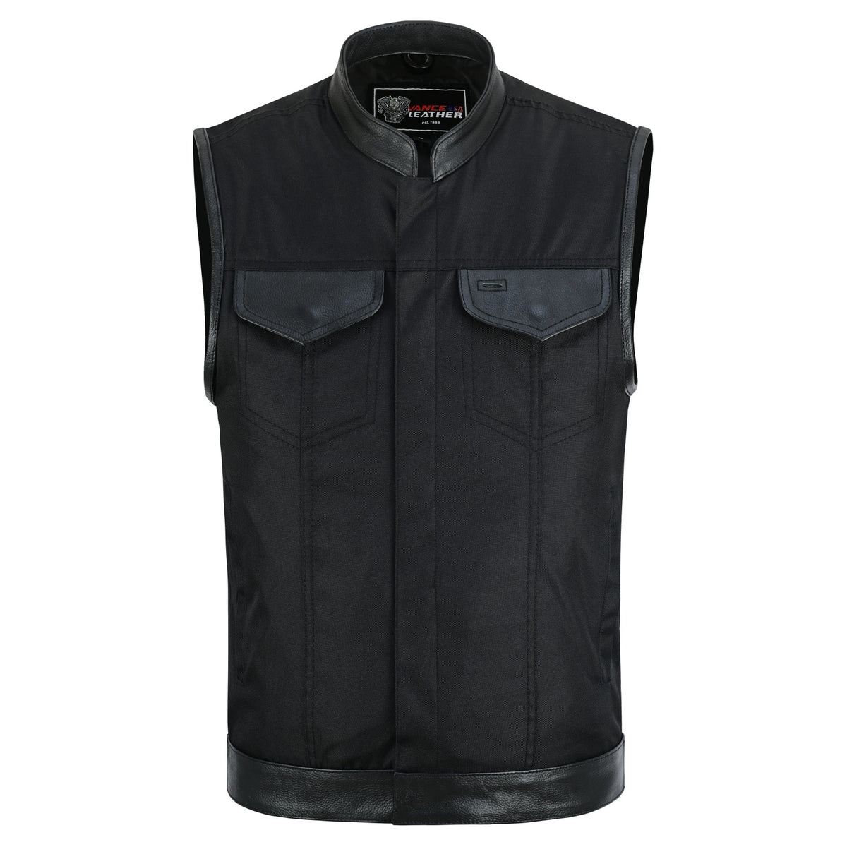 Vance Textile Mens Black SOA Club Style Leather Trimmed Textile Motorcycle Vest w/ Front Zipper and Snap Closure