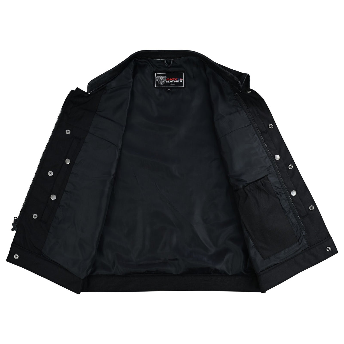 Vance Textile Mens Black SOA Club Style Leather Trimmed Textile Motorcycle Vest w/ Front Zipper and Snap Closure