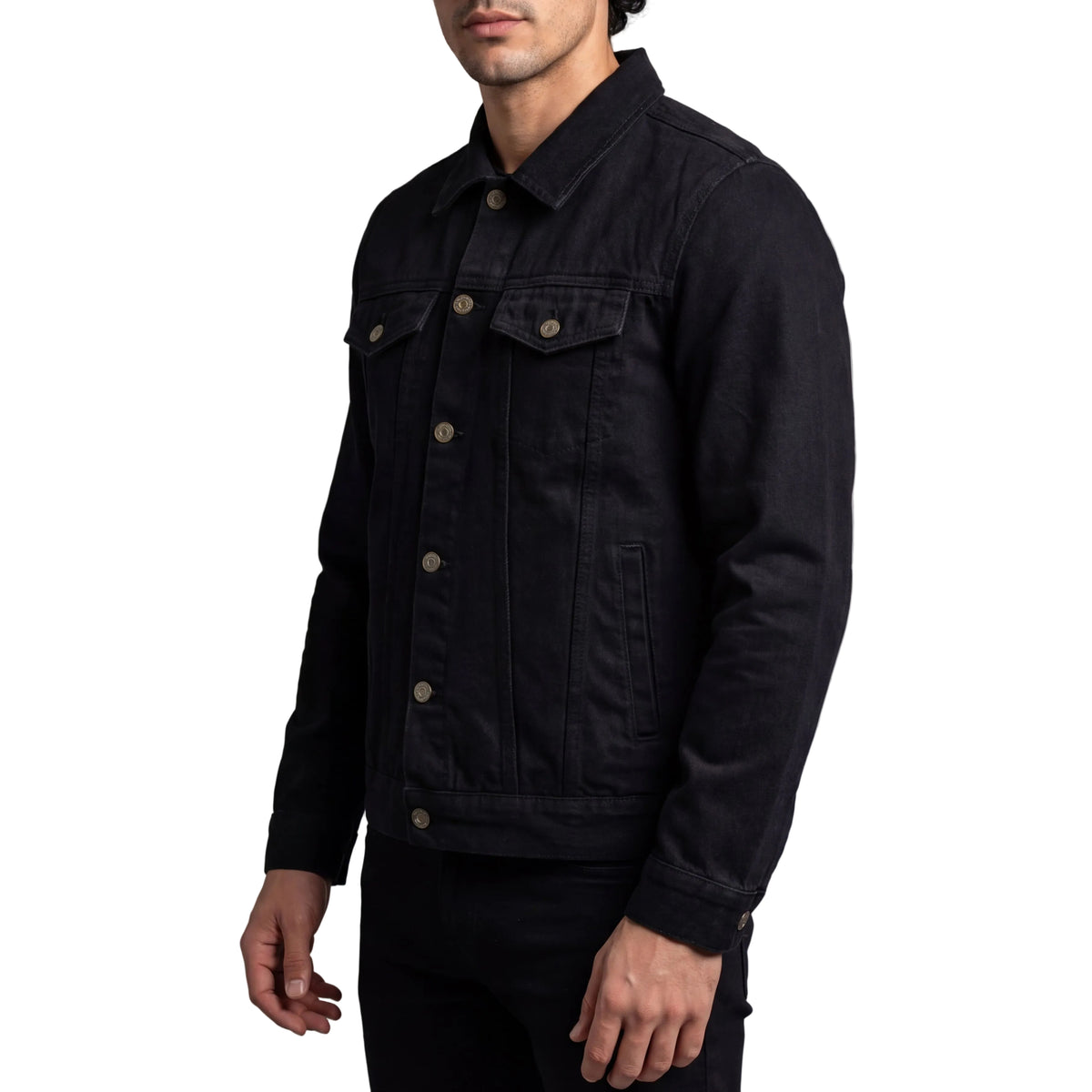 Vance Mens Black Heavy Duty Denim Button Front Motorcycle Jacket, Jean Jacket for Men - Side Pose