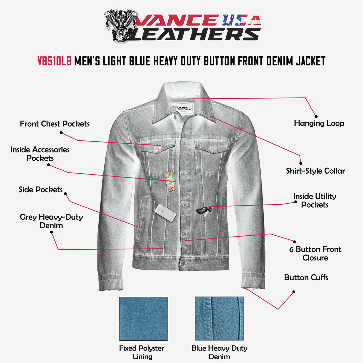 Vance Men's Light Blue Heavy Duty Denim Button Front Motorcycle Jacket, Jean Jacket for Men