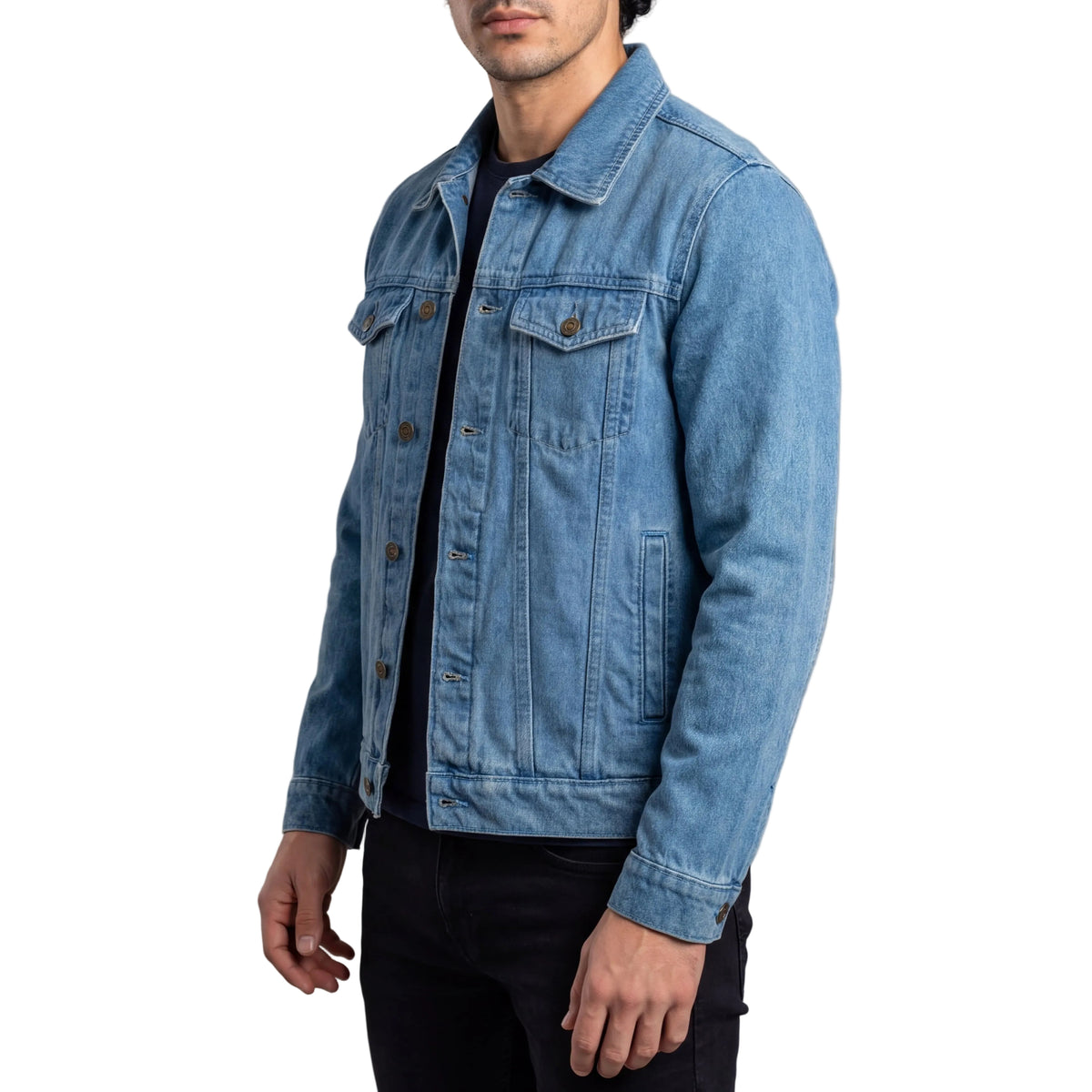 Vance Men's Light Blue Heavy Duty Denim Button Front Motorcycle Jacket, Jean Jacket for Men - Side Pose