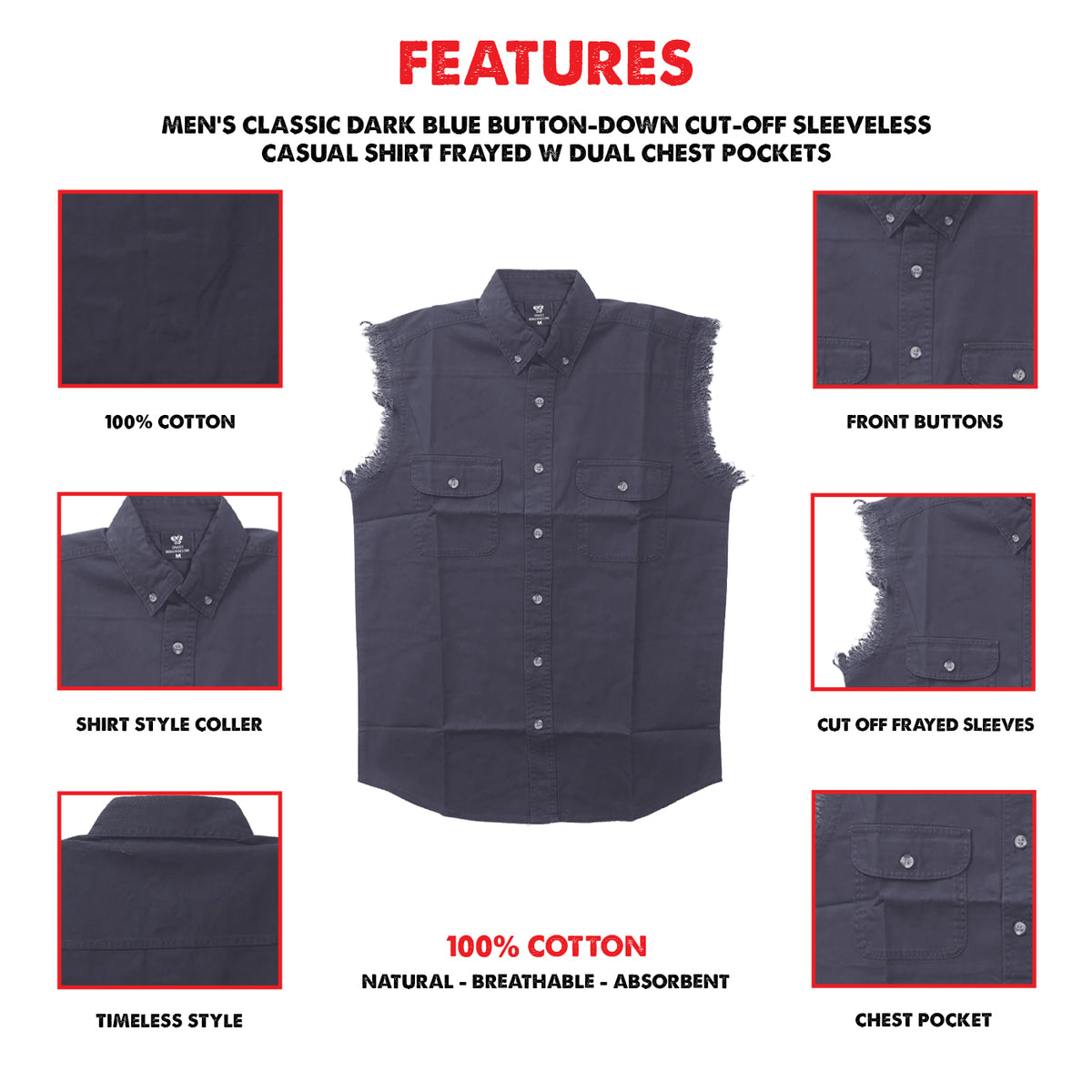 Vance - Men's Biker Motorcycle Dark Blue Cut Off Sleeveless Shirt