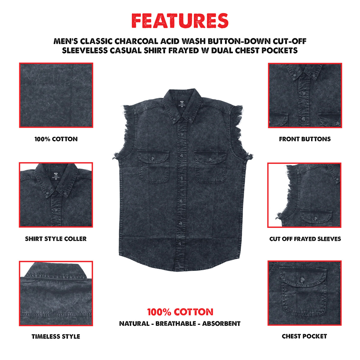 Vance Men's Biker Motorcycle Charcoal Acid Wash Cut Off Sleeveless Shirt