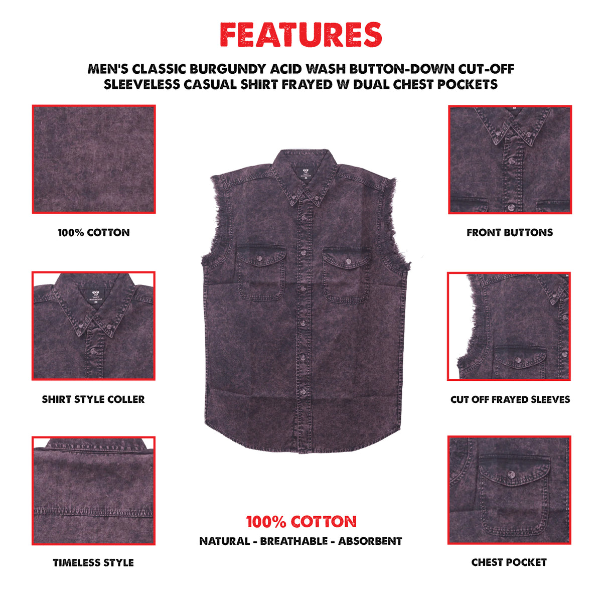 Vance VB733 - Men's Biker Motorcycle Burgundy Acid Wash Cut Off Sleeveless Shirt