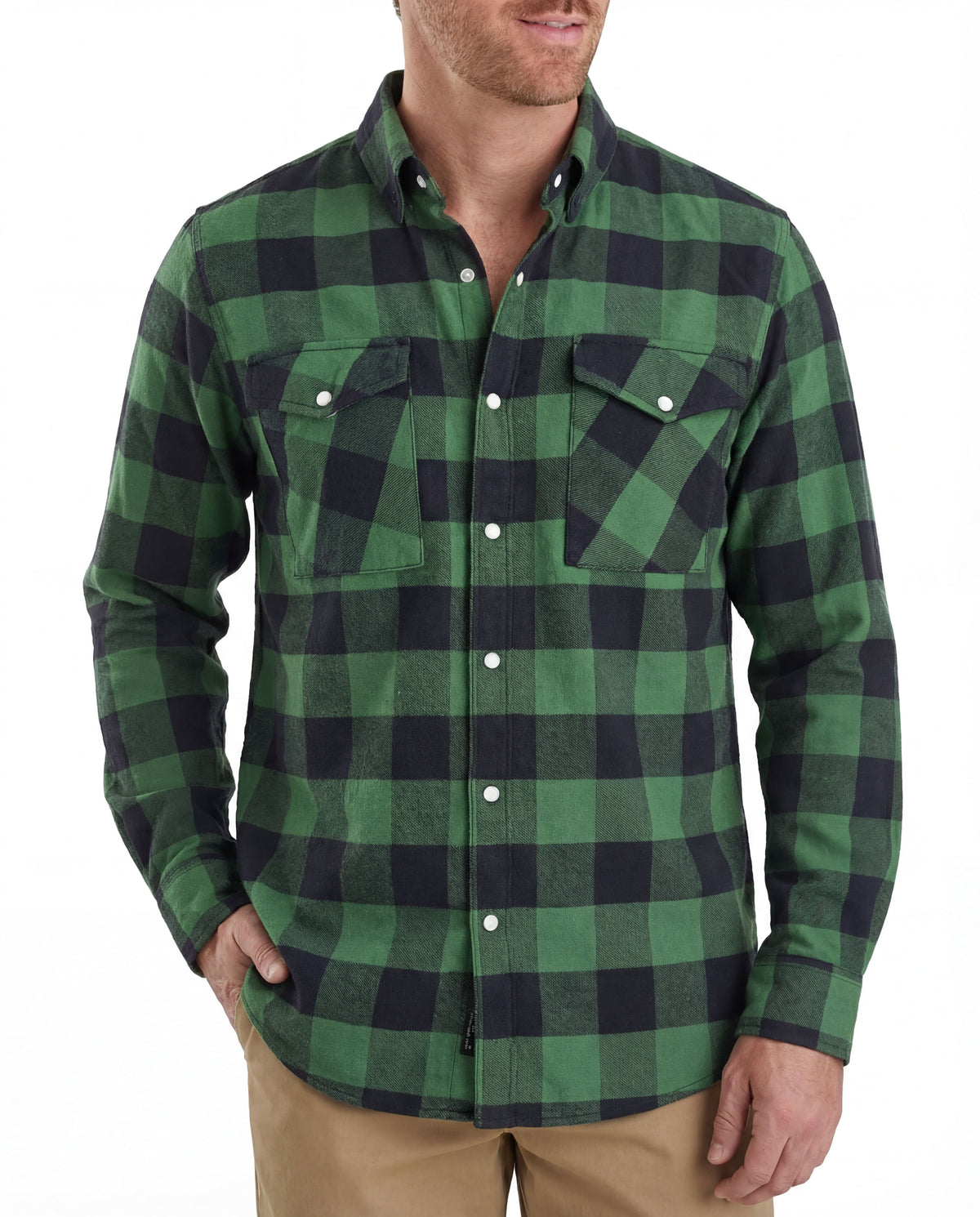 Vance Green Men's Long Sleeve Plaid Snap Down Casual Flannel Shirt - Pic