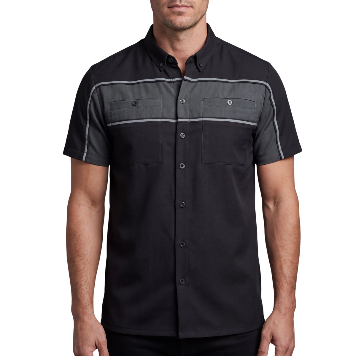 Vance Men's Black Gray Heavy-Duty Button up Mechanic Work Shirt w/ Reflective Strip - front