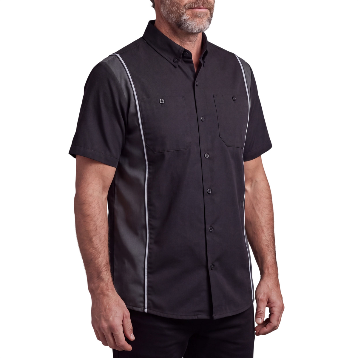 Vance Men's Black Button Up Mechanic Work Shirt w/ Grey Sides & Reflective Strip - side