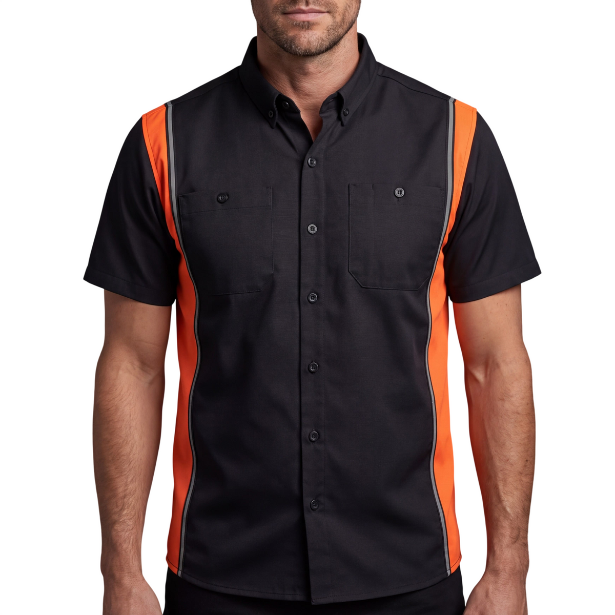 Vance Men's Heavy-Duty Button up Mechanic Work Shirt w Reflective Strip Orange Sides - Front