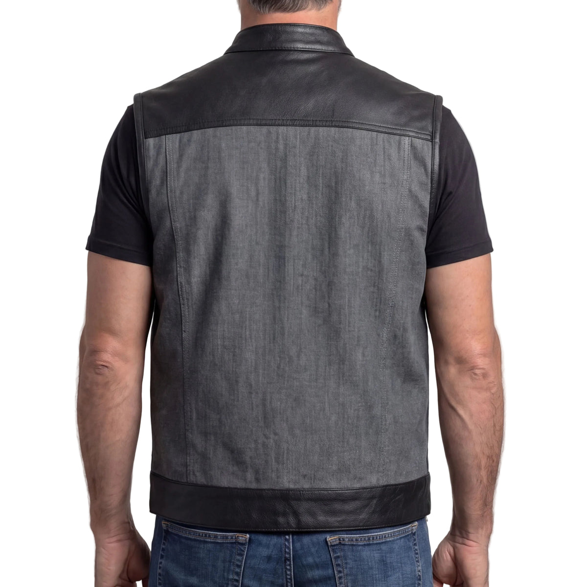 Vance Leathers Men's Grey Denim & Leather Motorcycle Vest with CCW Pockets - back pose