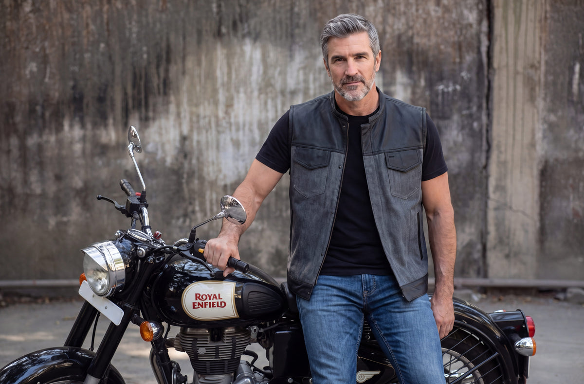 Vance Leathers Men's Grey Denim & Leather Motorcycle Vest with CCW Pockets - lifestyle image