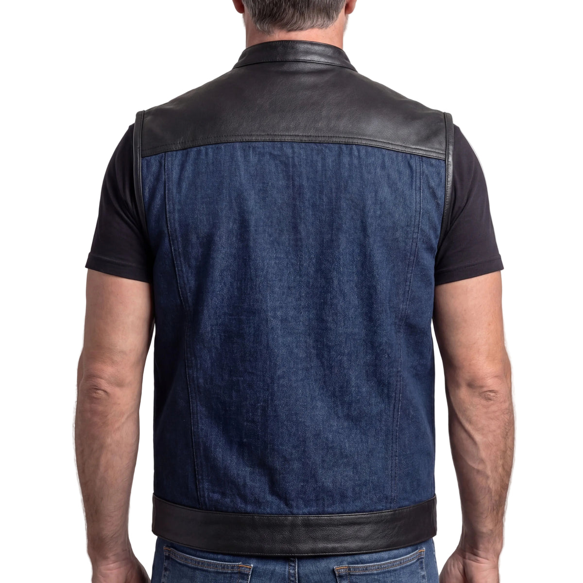 Mens Blue Motorcycle Denim Vest SOA Club Vest with Leather trims - back pose
