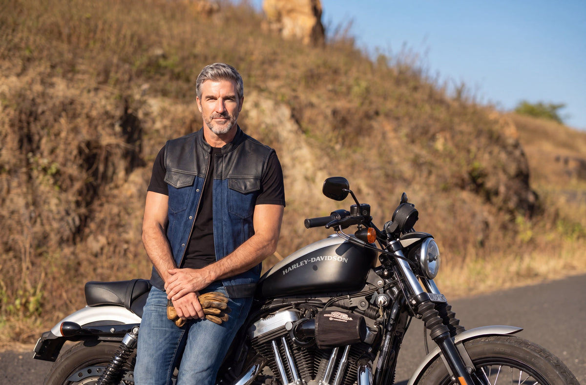 Mens Blue Motorcycle Denim Vest SOA Club Vest with Leather trims - lifestyle image