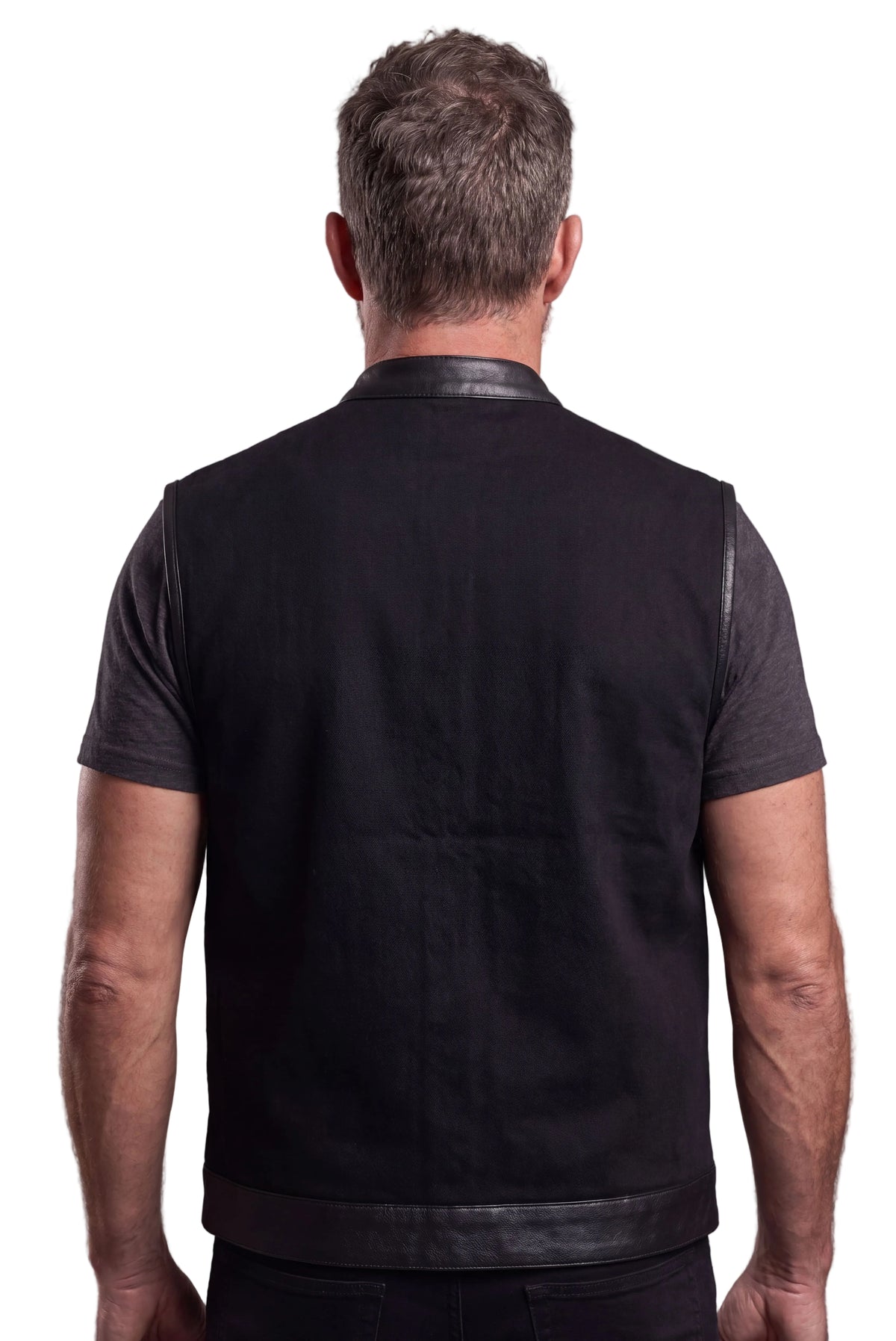 Vance Denim Black Club Vest with Leather Trims - back pose