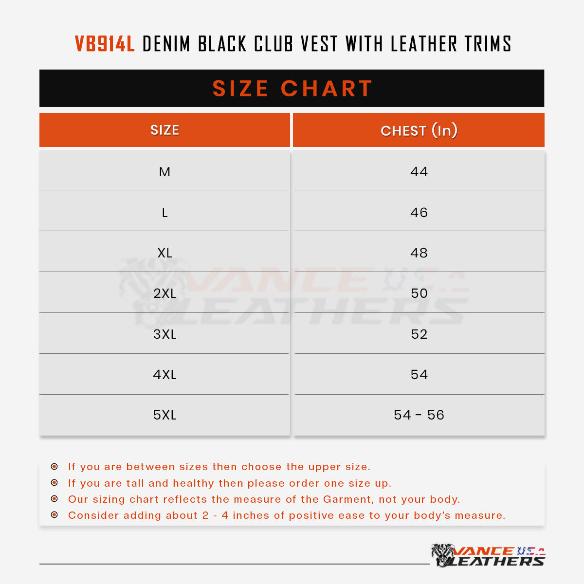 VB914L Size Chart VL650 Vance Leathers' Ladies Premium Soft Lightweight Black Fitted Leather Jacket Sizechart