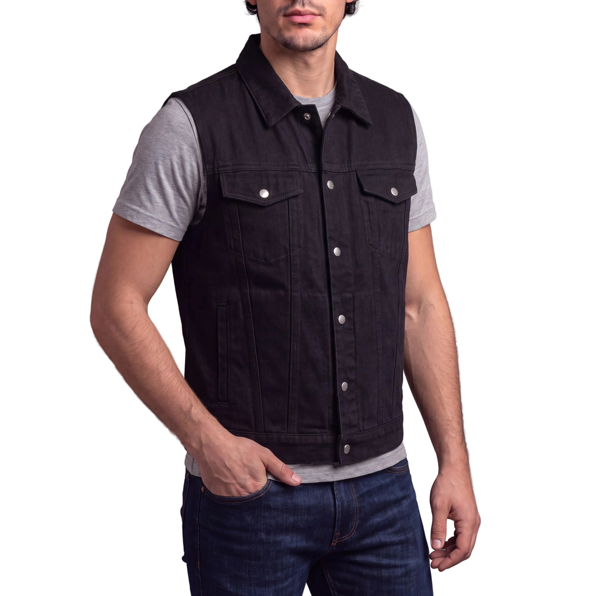 Vance Mens Black Jean Style Denim Motorcycle Vest - side pose