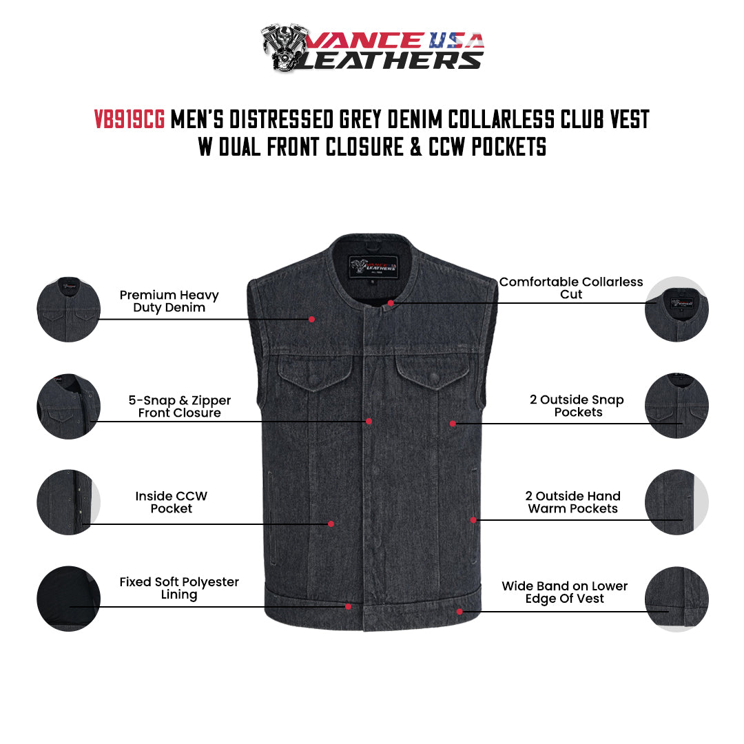 Men's Distressed Grey Denim Collarless Club Vest w Dual Front Closure & CCW Pockets