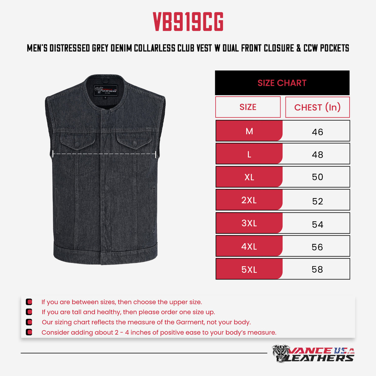 Men's Distressed Grey Denim Collarless Club Vest w Dual Front Closure & CCW Pockets