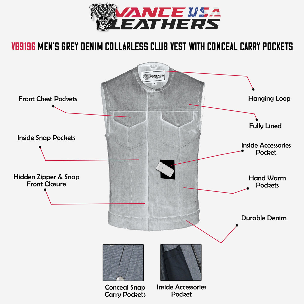 Men's Grey Denim Collarless Club Vest with CCW Pockets