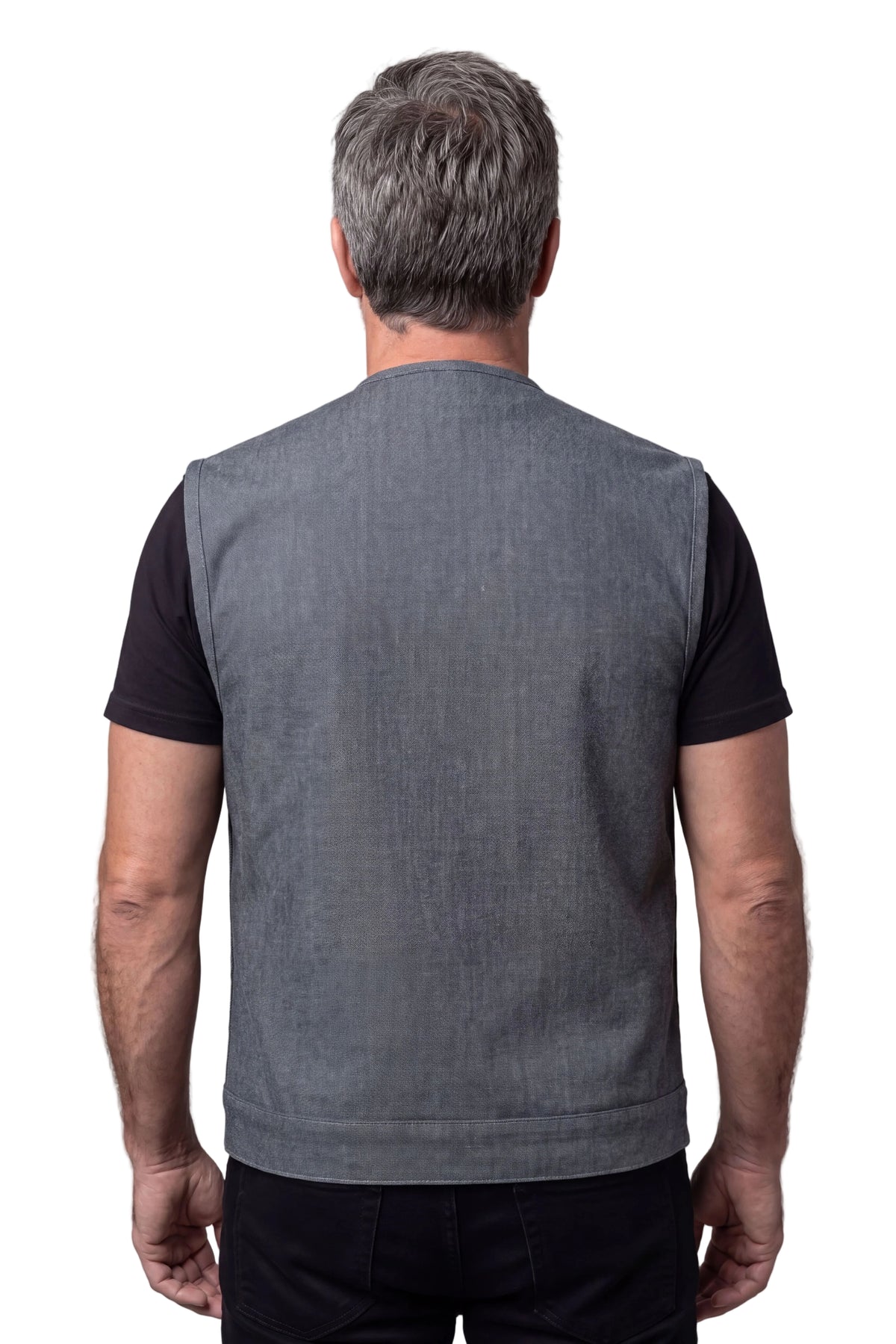 Men's Grey Denim Collarless Club Vest with Conceal Carry Pockets - back pose