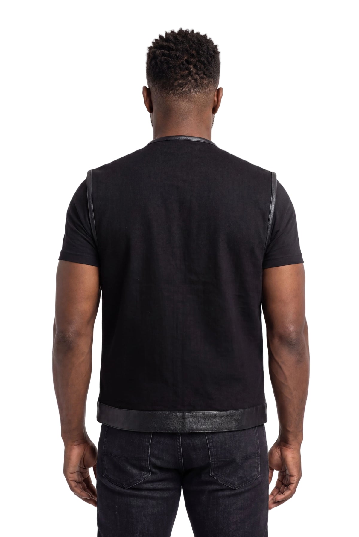 Vance Leathers Denim Black Collarless Club Vest with Leather trims - back pose