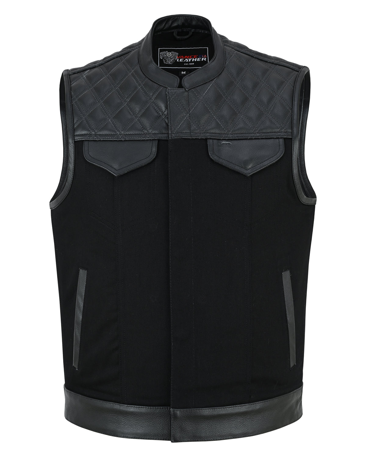 Men's Denim & Leather Motorcycle Vest w/ CCW Pockets, SOA Style Biker Club Vest w/ Black Diamond Stitching