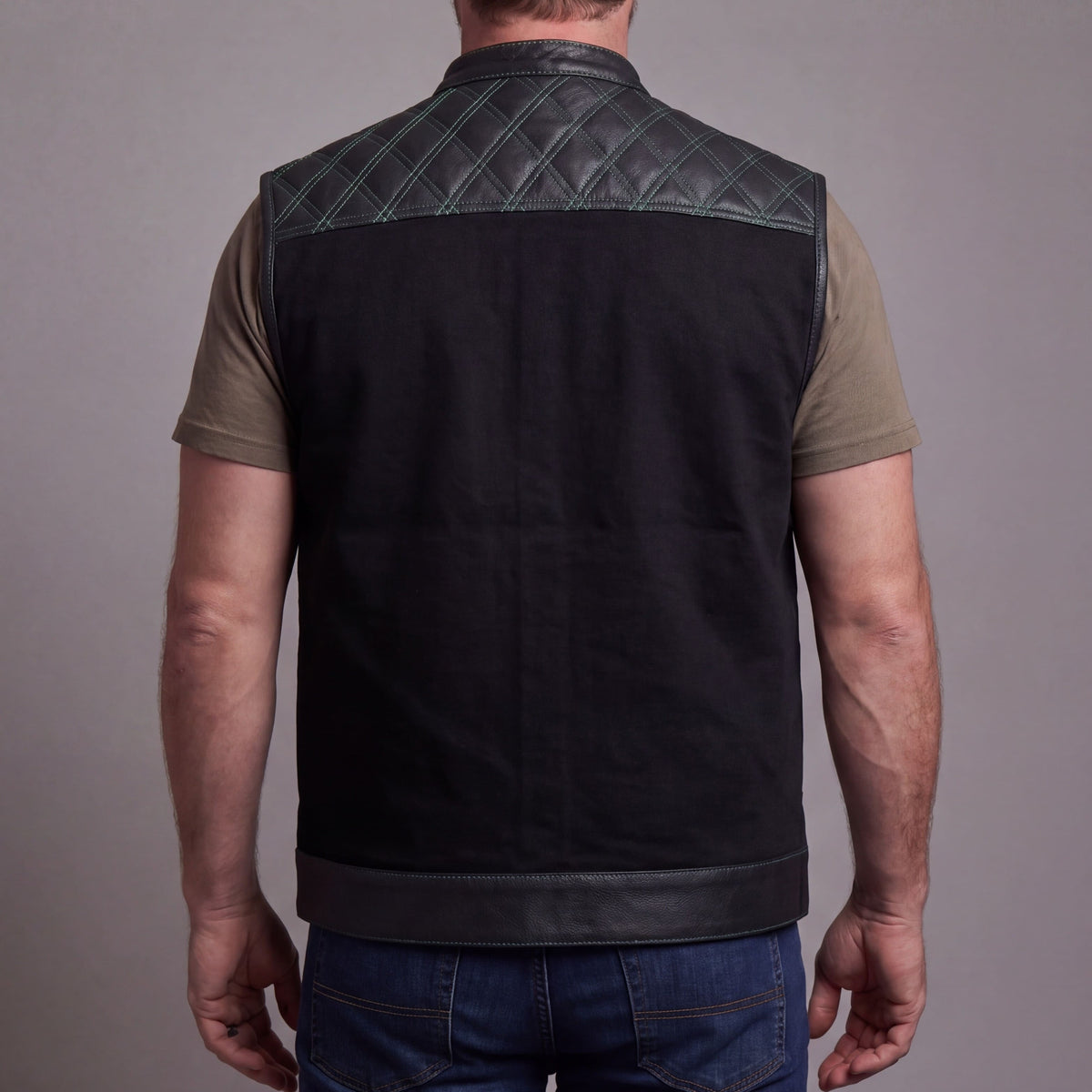 Men's Denim & Leather Motorcycle Vest with Conceal Carry Pockets and Green Stitching - Back Pose