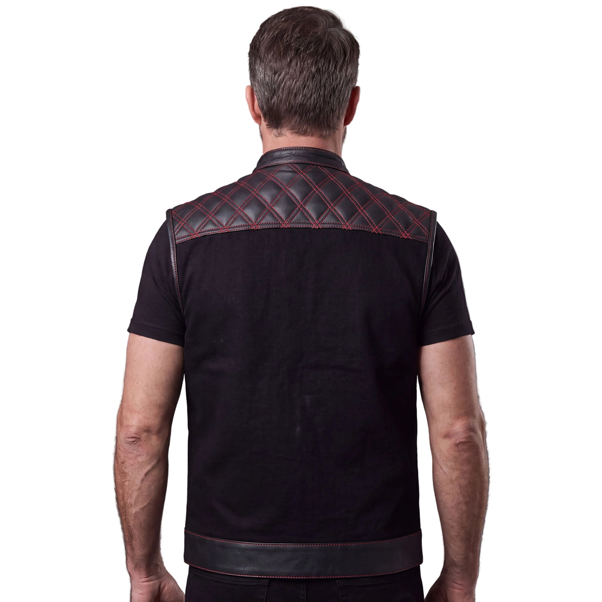 Men's Denim & Leather Motorcycle Vest with CCW Pockets and Red Stitching - Back Pose