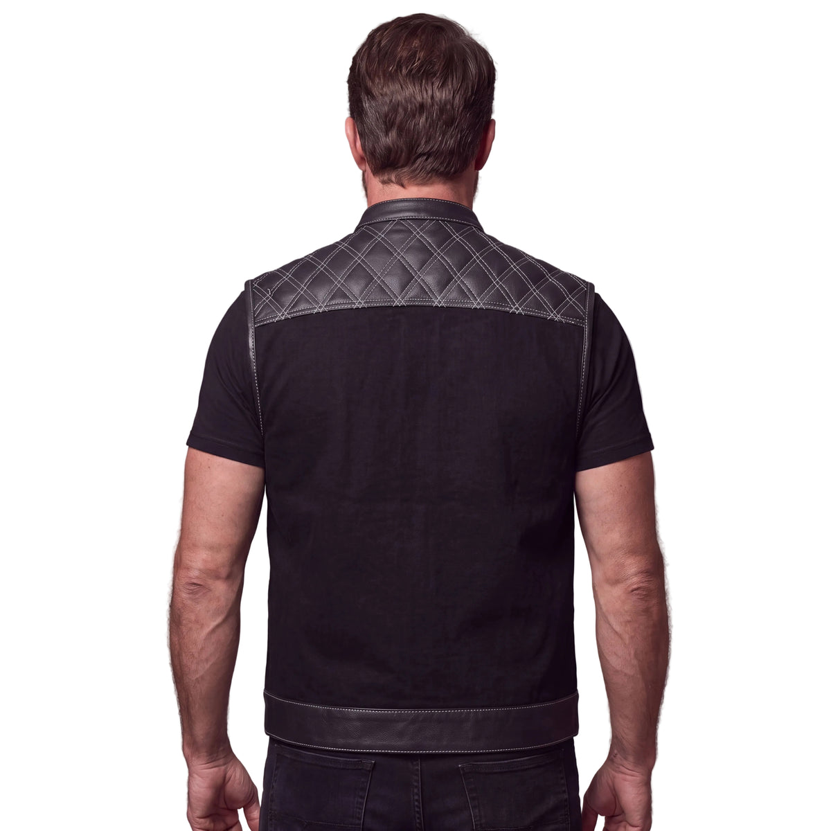 Men's Denim & Leather Motorcycle Vest with CCW Pockets and White Stitching - back pose