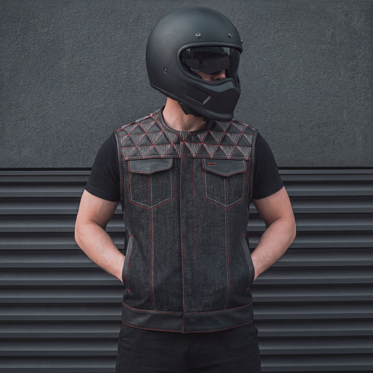Men's Denim & Leather Motorcycle Vest with Conceal Carry Pockets, SOA Biker Club Vest Red & White Stitching - lifestyle image