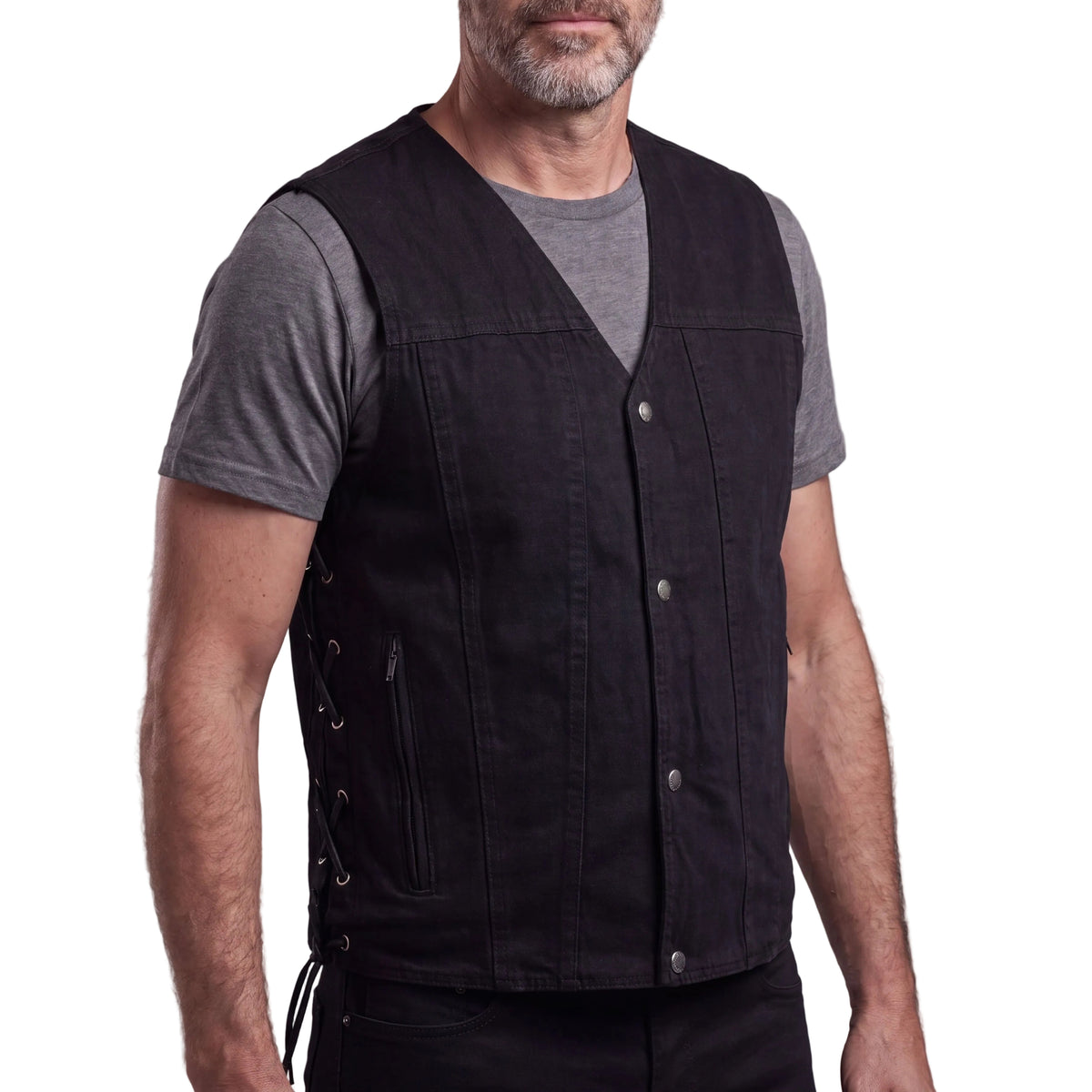 Vance Men's Black V-Neck Denim Vest for Motorcycle Riders - side pose